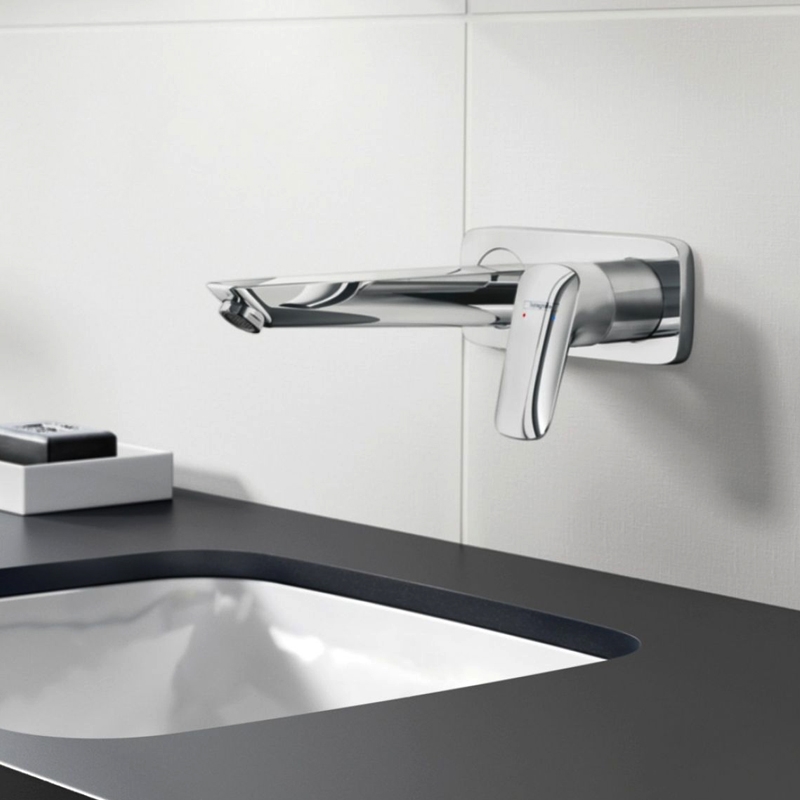Baterie pentru lavoar Hansgrohe, Logis, cu montaj pe perete, parte vizibila, crom